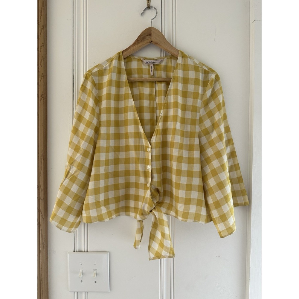 BCBGeneration Yellow Gingham Tie Front Blouse Top L  Cottagecore Boho